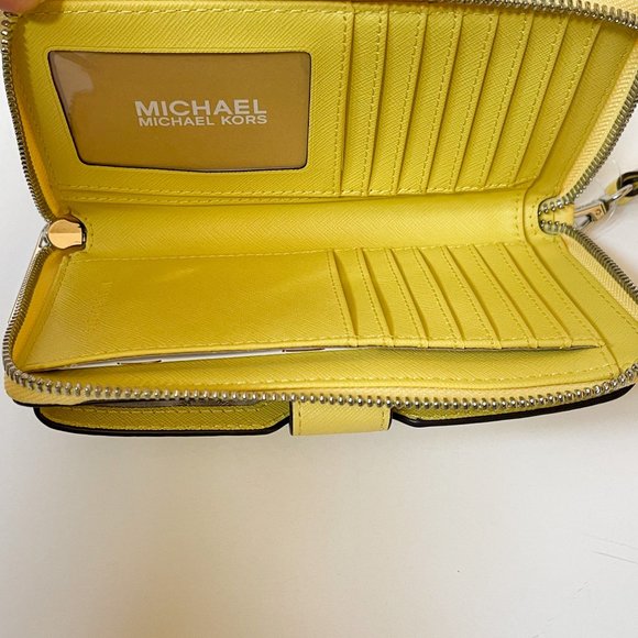 Michael Kors Jet Set Travel MD Zip Around Phone Holder Wristlet Yellow Sunshine - Picture 7 of 10